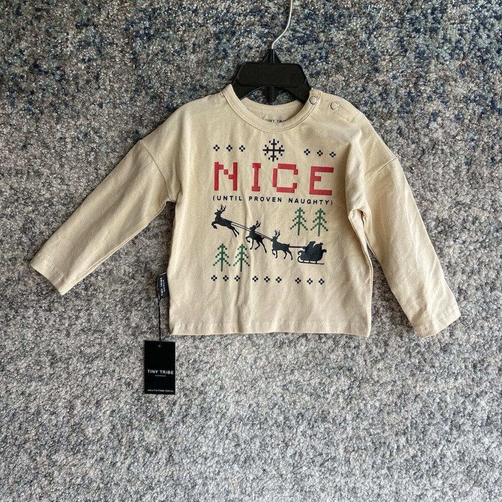 Tiny Tribe Christmas Nice Naughty Long Sleeve  Tan 6-9 Months Baby‎ NWT